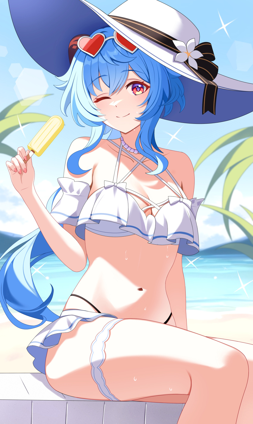 ;) absurdres alternate_costume armband bare_shoulders bikini blue_hair blue_sky breasts chinese_commentary cleavage commentary day eyewear_on_head female fingernails food ganyu_(genshin_impact) genshin_impact goat_horns hat heart heart-shaped_eyewear highres holding holding_food holding_popsicle horns kenomotsu_yukuwa light_blue_hair long_hair looking_at_viewer medium_breasts midriff nail_polish navel one_eye_closed outdoors panties pink_nails popsicle red-tinted_eyewear red_eyes sitting sky smile solo sweat swimsuit thigh_strap tinted_eyewear underwear very_long_hair water white_armband white_bikini white_hat white_panties yellow-framed_eyewear