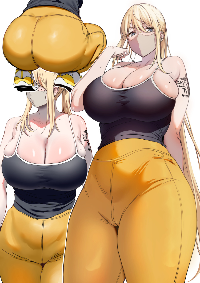 absurdres amano_don ass bare_shoulders black_camisole blonde_hair breasts camisole cleavage collarbone covered_mouth female grey_eyes highres huge_breasts large_breasts long_hair looking_at_viewer mask mole mole_on_breast mole_under_eye mouth_mask multiple_views original pants plump shoulder_tattoo squatting tattoo thick_arms thick_thighs thighs white_background yellow_pants