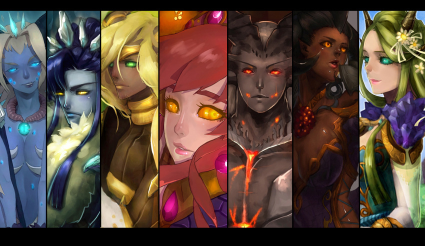 3boys 4girls alexstrasza backward_facing_horns bad_id column_lineup deathwing everyone glowing glowing_eyes highres horns letterboxed lips malygos multiple_boys multiple_girls nal_(nal's_pudding) nozdormu photoshop_(medium) sindragosa sintharia warcraft world_of_warcraft ysera