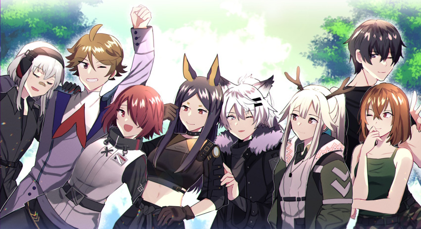 2boys 6+girls all_you_need_is_kill animal_ears antlers arknights borrowed_character commentary_request commission crop_top crossover darling_in_the_franxx deer_antlers deer_girl dobermann_(arknights) dog_ears dog_girl erumei24 exusiai_(arknights) firewatch_(arknights) ghost_recon ghost_recon:_wildlands gloves headphones highres horns kiriya_keiji lappland_(arknights) multiple_boys multiple_girls original rita_vrataski school_uniform second-party_source wolf_ears wolf_girl zorome_(darling_in_the_franxx)