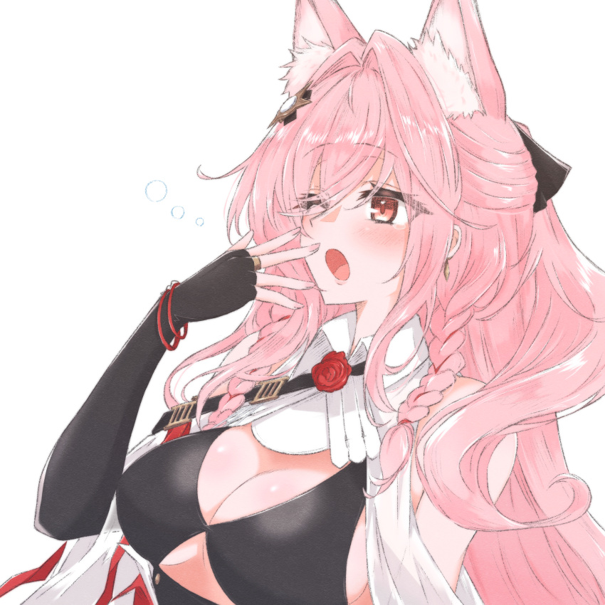 ;o animal_ear_fluff animal_ears arknights bare_shoulders bikini bikini_top_only black_bikini black_gloves blush bracelet braid breasts cleavage covering_own_mouth earrings elbow_gloves extra_ears eyes_visible_through_hair female fingerless_gloves flower gloves hair_intakes hair_ornament highres jewelry large_breasts long_hair maiq06 one_eye_closed open_mouth pink_hair pozyomka_(arknights) red_eyes red_flower red_rose rose simple_background solo swimsuit tears twin_braids upper_body white_background wolf_ears yawning