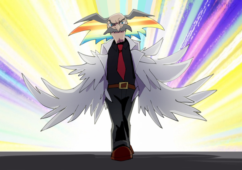 1boy bald black_pants blue_eyes colored_inner_hair derivative_work dr._wily_(mega_man) facial_hair feather_coat grey_hair highres kill_la_kill kiryuuin_ragyou labcoat look-alike male_focus mega_man_(classic) mega_man_(series) moustache multicolored_hair necktie norue old old_man pants pointy_nose rainbow_hair screencap_redraw solo white_hair