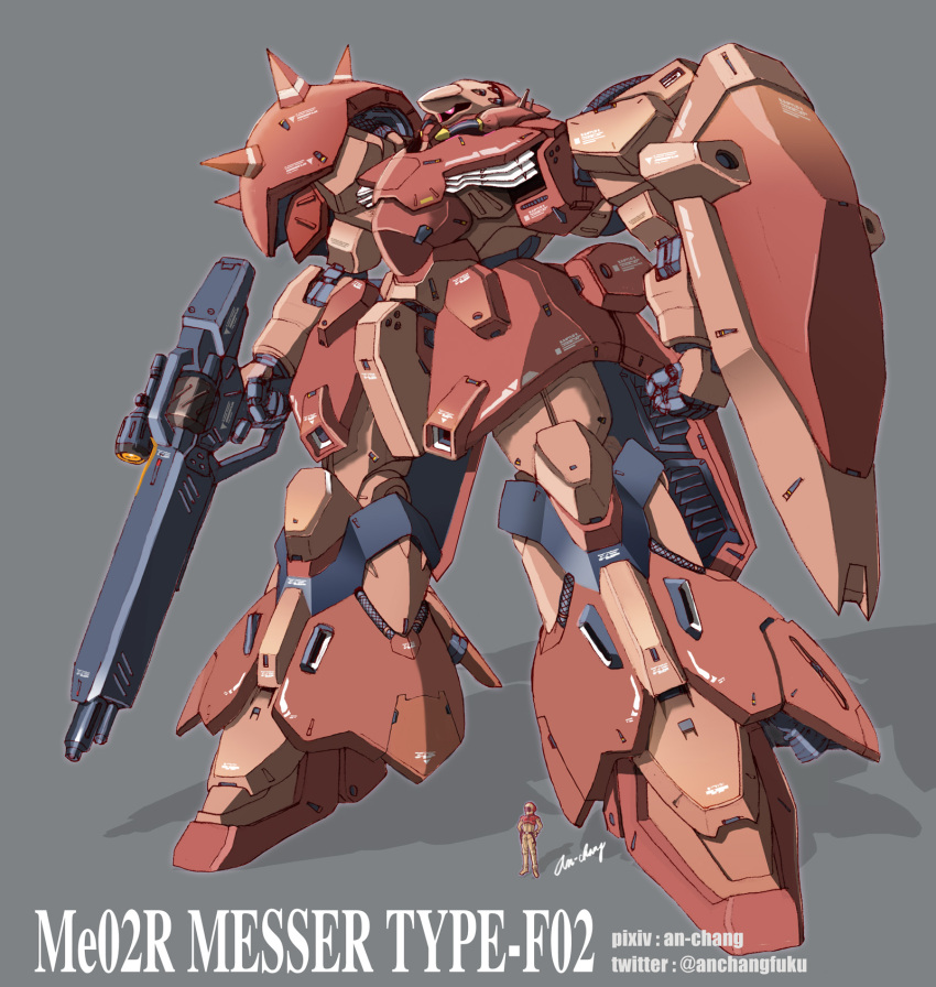 an-chang artist_name assault_visor beam_rifle character_name energy_gun grey_background gun gundam gundam_hathaway's_flash highres holding holding_gun holding_shield holding_weapon mecha messer_(mobile_suit) mobile_suit robot science_fiction shield silhouette size_comparison solo_focus standing weapon