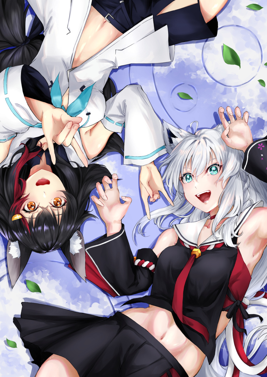 2girls ahoge animal_ear_fluff animal_ears armpits asahi_tsujino black_hair black_shirt black_shorts black_skirt blue_neckerchief braid breasts claw_pose commentary_request cosplay costume_switch crop_top detached_sleeves double_fox_shadow_puppet fox_ears fox_girl fox_shadow_puppet green_eyes hair_between_eyes highres hololive hood hoodie long_hair looking_at_viewer lying medium_breasts midriff multicolored_hair multiple_girls navel neckerchief necktie on_back ookami_mio ookami_mio_(1st_costume) ookami_mio_(cosplay) open_mouth red_hair red_necktie shirakami_fubuki shirakami_fubuki_(1st_costume) shirakami_fubuki_(cosplay) shirt short_shorts shorts sidelocks single_braid skirt streaked_hair virtual_youtuber white_hair white_hoodie wolf_ears wolf_girl yellow_eyes