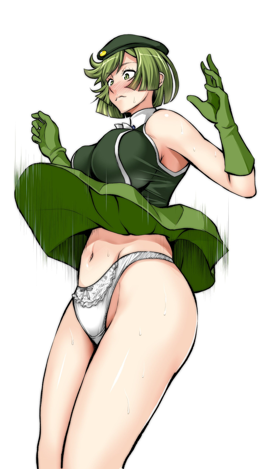 absurdres beret blush bob_cut bow bow_panties closed_mouth clothes_lift commentary_request crotch_seam cutie_honey female frown gloves green_eyes green_gloves green_hair green_hat green_shirt green_skirt hat highres idol_honey itachou looking_to_the_side miniskirt motion_blur navel oerba_yun_fang panties shirt short_hair simple_background skin_fang skirt skirt_lift sleeveless sleeveless_shirt solo standing sweat underwear w_arms white_background white_panties wind wind_lift