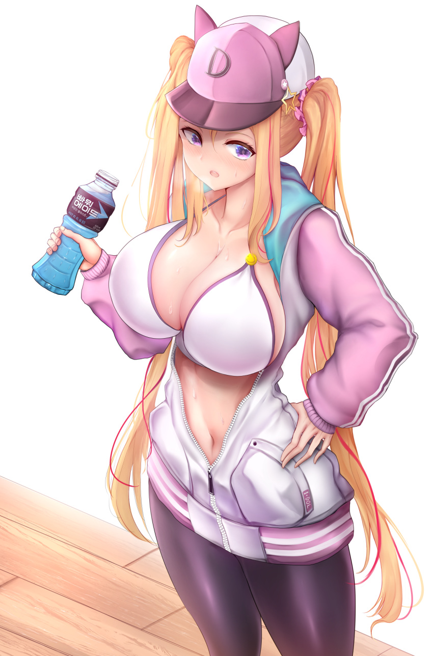 adella_(some_some_convenience_store) animal_hat bare_shoulders baseball_cap bikini bikini_top_only blonde_hair blush bottle breasts breath cleavage commentary_request curvy drink female gunbam_sonyeon hair_ornament hair_scrunchie hand_on_own_hip hat highres holding holding_bottle hood hooded_jacket huge_breasts jacket korean_commentary long_hair looking_at_viewer md5_mismatch multicolored_hair navel nose_blush open_clothes open_jacket open_mouth pantyhose powerade purple_eyes resolution_mismatch scrunchie solo some_some_convenience_store source_larger sports_drink standing star_(symbol) star_hair_ornament stomach streaked_hair sweat swimsuit talesshop unzipped very_long_hair white_bikini wooden_floor zipper zipper_pull_tab