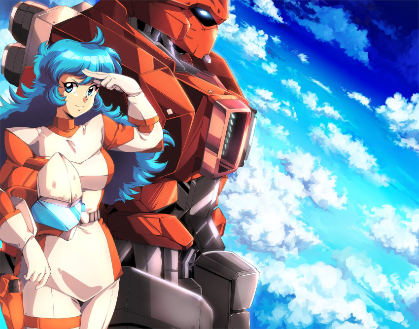 1990s_(style) 1other big_hair blue_eyes blue_hair blue_sky bodysuit breasts commentary commission dress english_commentary female flame_(panzer_paladin) gloves grit_(panzer_paladin) harleequeen helmet highres holster holstered long_hair mecha medium_breasts multicolored_bodysuit multicolored_clothes official_art panzer_paladin retro_artstyle robot salute second-party_source short_dress sky thigh_holster two-finger_salute unworn_headwear unworn_helmet white_gloves