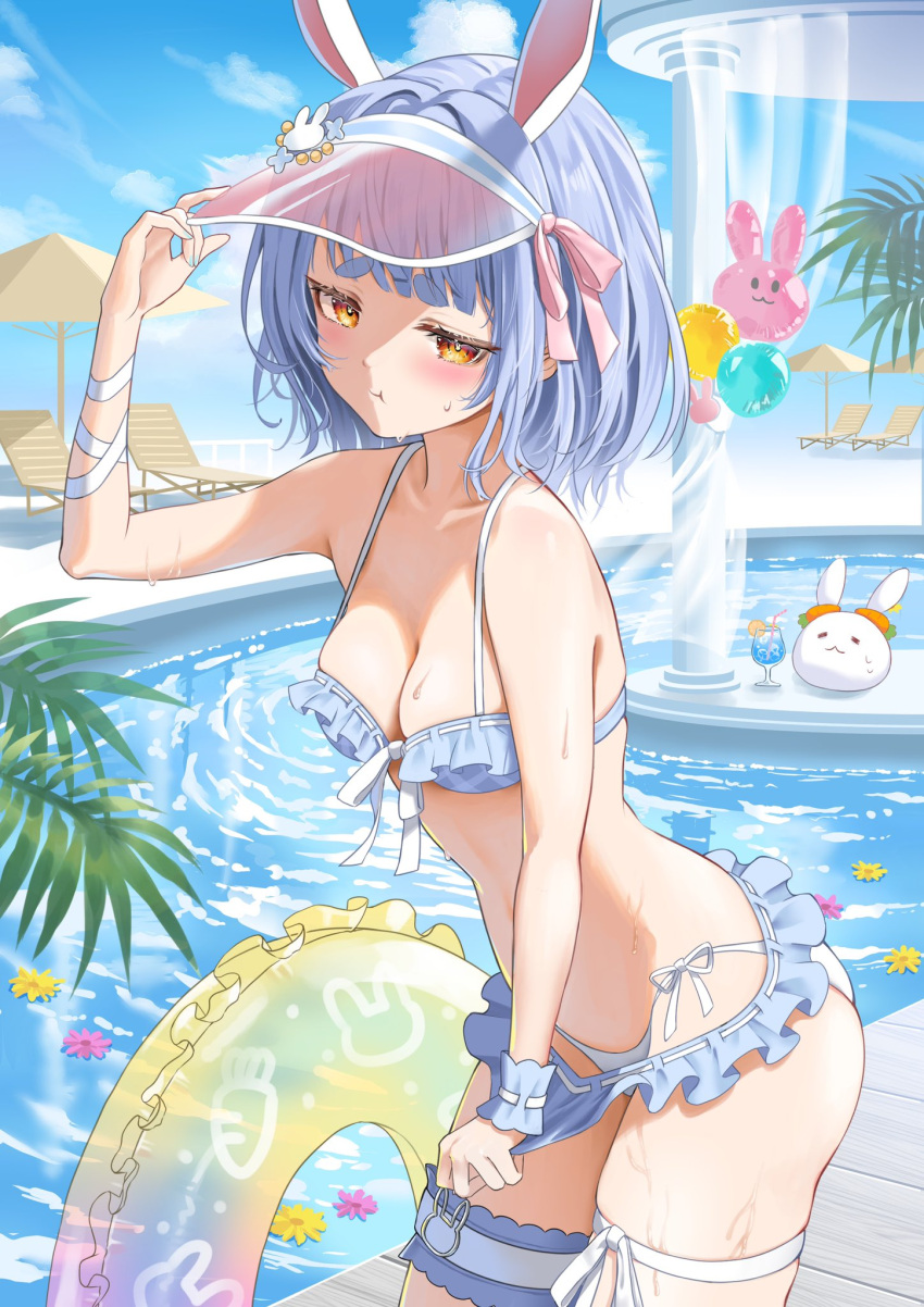 :3 :t =_= adjusting_clothes adjusting_headwear adjusting_swimsuit animal_ears balloon bare_shoulders bikini bikini_skirt blue_bikini blue_hair blue_hawaii blunt_bangs blush bob_cut breasts carrot chair chalice cleavage closed_mouth collarbone commentary cowboy_shot cup curtains drink drinking_straw embarrassed female flower food frilled_skirt frilled_wrist_cuffs frills from_side front-tie_bikini_top front-tie_top fruit genjitsu_pirika hand_up hat hat_ornament hat_ribbon highres hikimayu hololive innertube leaning_forward looking_at_viewer looking_to_the_side lounge_chair medium_breasts microskirt midriff orange_(fruit) orange_eyes orange_slice outdoors palm_leaf pekomon_(usada_pekora) pillar pink_flower pink_hat pink_ribbon pool poolside pout rabbit_balloon rabbit_ears rabbit_girl rabbit_hat_ornament railing raised_eyebrows ribbon ripples short_eyebrows short_hair side-tie_bikini_bottom skindentation skirt skirt_tug solo standing swim_ring swimsuit symbol-shaped_pupils thick_eyebrows thigh_strap transparent_innertube umbrella usada_pekora usada_pekora_(summer) visor_cap wet wrist_cuffs wrist_ribbon yellow_flower