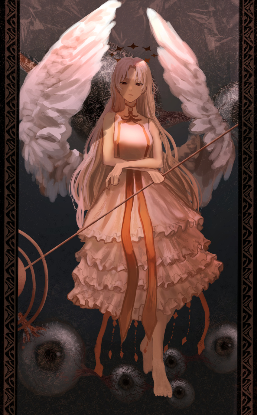 absurdres barefoot border commentary crossed_arms disembodied_eye dress english_commentary feathered_wings female frilled_dress frills halo highres holding holding_staff kyano_(kyanora3141) large_wings long_hair looking_at_viewer original ornate_border pillarboxed red_eyes ribbon solo staff too_many_eyes white_dress wings yellow_halo