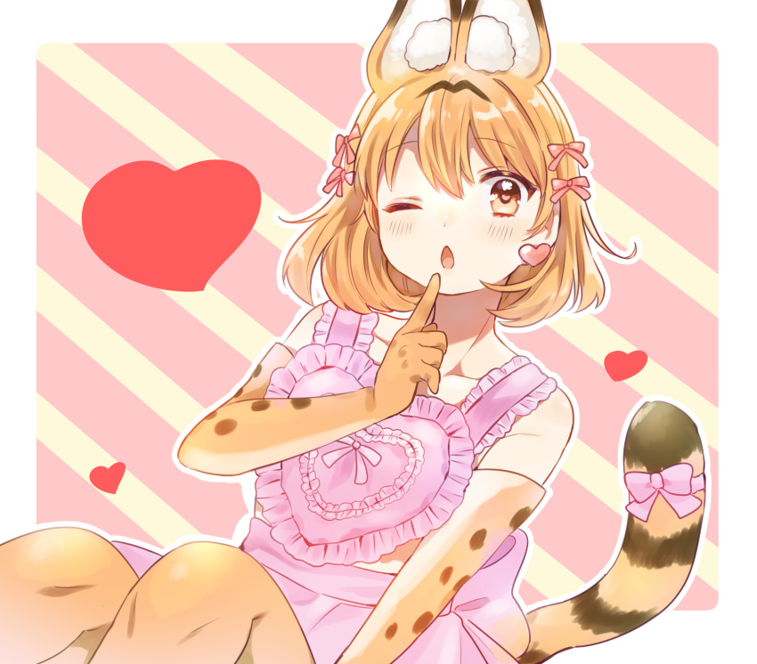 ;o alternate_costume animal_ears apron bare_shoulders blush bow collarbone commentary_request earrings elbow_gloves extra_ears female finger_to_mouth gloves hairbow heart heart-shaped_pupils heart_apron heart_earrings highres jewelry kemono_friends one_eye_closed pink_apron pink_bow print_gloves serval_(kemono_friends) serval_print solo suicchonsuisui symbol-shaped_pupils tail tail_bow tail_ornament thighhighs yellow_eyes