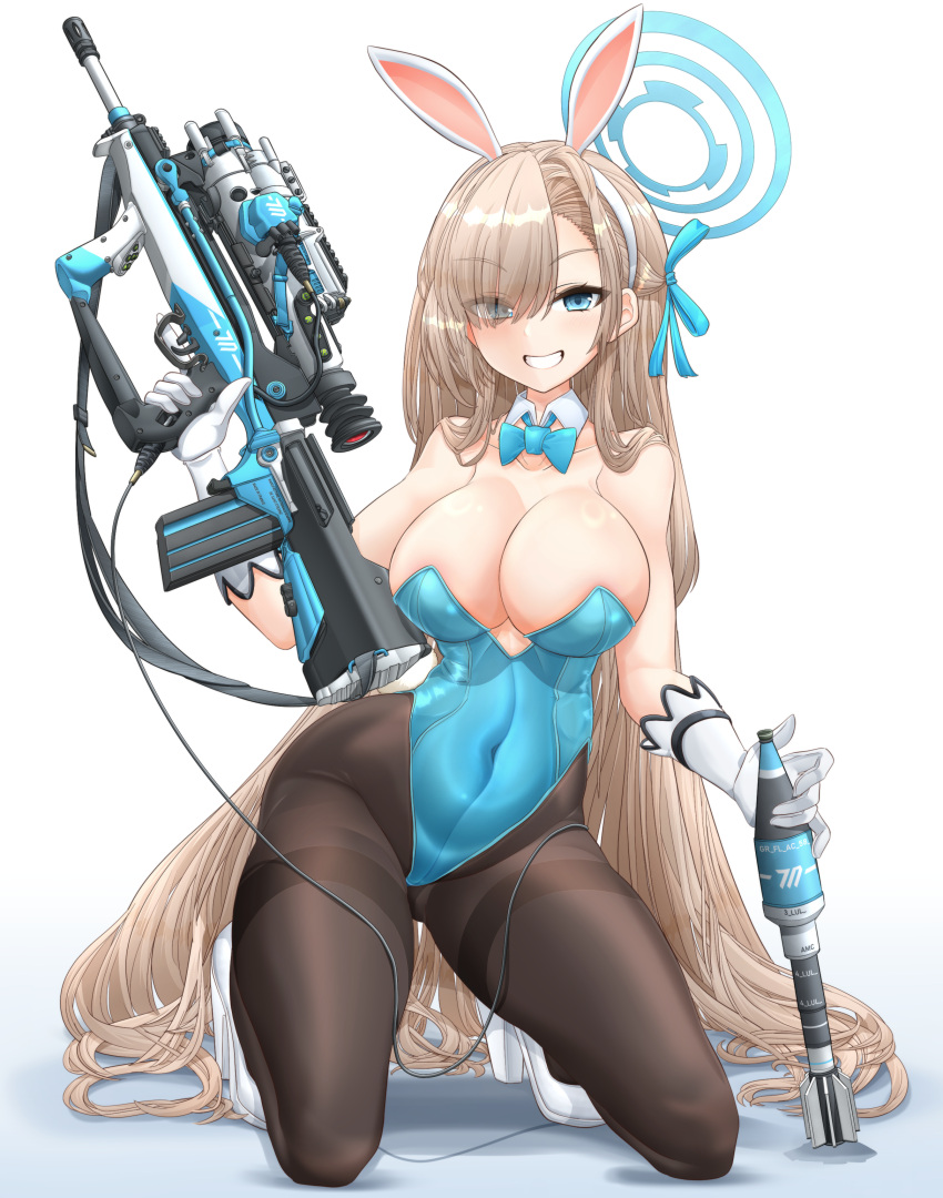 absurdres ammunition animal_ears aqua_leotard assault_rifle asuna_(blue_archive) asuna_(bunny)_(blue_archive) asymmetrical_bangs blue_archive blue_bow blue_bowtie blue_leotard bow bowtie breasts bullpup bunny_day detached_collar fake_animal_ears famas female grin gun hair_over_one_eye halo highleg highleg_leotard highres holding holding_weapon leotard light_brown_hair mikeran_(mikelan) mole mole_on_breast mortar_shell official_alternate_costume pantyhose playboy_bunny rabbit_ears rifle smile strapless strapless_leotard thighband_pantyhose traditional_bowtie weapon