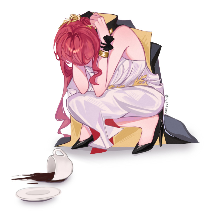 bare_arms bare_shoulders black_footwear bracelet cup dress female high_heels highres himeko_(honkai:_star_rail) honkai:_star_rail honkai_(series) jewelry long_hair mug red_hair sleeveless sleeveless_dress solo spill squatting tunaaynv very_long_hair white_dress