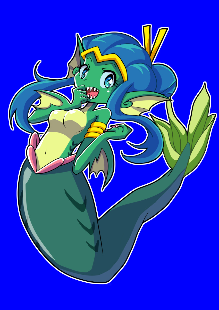 absurd_res alternate_form animal_humanoid arm_support armlet blue_hair breasts crown ear_fins eyelashes fangs featureless_breasts female fin fish fish_humanoid hair hair_bun headgear hi_res humanoid marine marine_humanoid merfolk mermaid_tail monster_girl_(genre) navel shantae shantae_(mermaid_form) shantae_(series) split_form teeth tiara unknown_artist wayforward