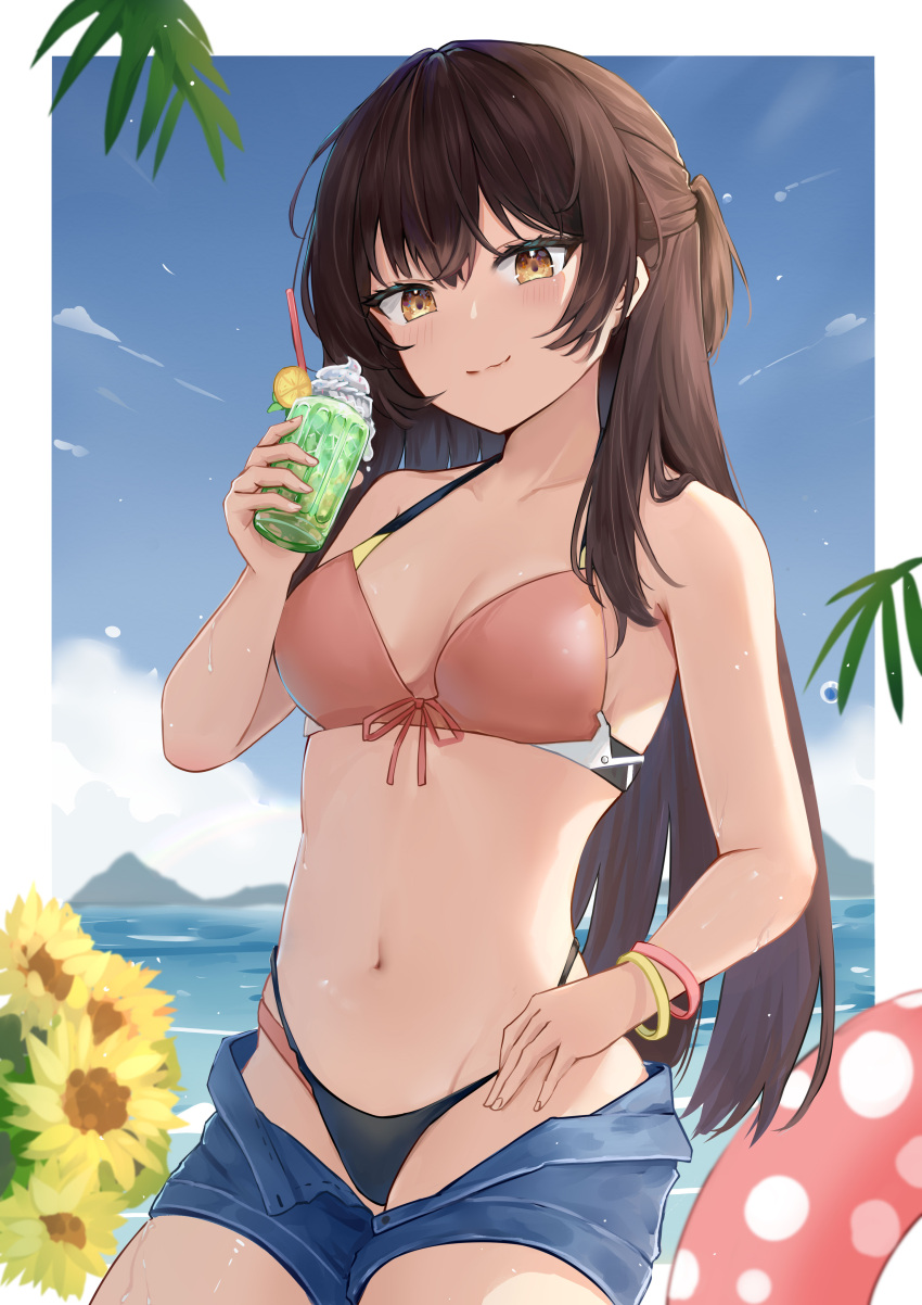 absurdres bikini black_bikini blue_shorts blue_sky blush breasts brown_eyes brown_hair closed_mouth clothes_pull cloud collarbone cup day drink drinking_glass drinking_straw female flower food fruit hair_between_eyes highres holding holding_cup holding_drink lemon lemon_slice long_hair looking_at_viewer mountainous_horizon navel ocean open_mouth outdoors pink_innertube polka_dot_innertube red_bikini revival short_shorts shorts shorts_pull sky smile solo sunflower suou_yuki swimsuit tokidoki_bosotto_roshia-go_de_dereru_tonari_no_alya-san whipped_cream