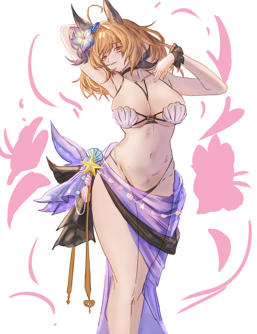 absurdres animal_ears arm_behind_head bikini breasts brown_hair cleavage female flower granblue_fantasy hair_flower hair_ornament hecate_(granblue_fantasy) highres large_breasts looking_at_viewer medium_hair mou_pl navel official_alternate_costume sarong shell shell_bikini solo standing swimsuit white_background