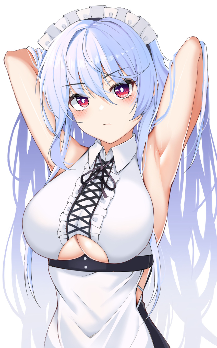 absurdres armpits arms_behind_head arms_up artist_request azur_lane bare_arms bare_shoulders breasts bright_pupils center_frills closed_mouth closers clothing_cutout collared_shirt commission cosplay dido_(azur_lane) dido_(azur_lane)_(cosplay) female frills highres large_breasts long_hair looking_at_viewer maid_headdress mirae_(closers) red_eyes second-party_source shirt side_cutout sleeveless sleeveless_shirt solo underboob underboob_cutout upper_body very_long_hair white_hair white_shirt