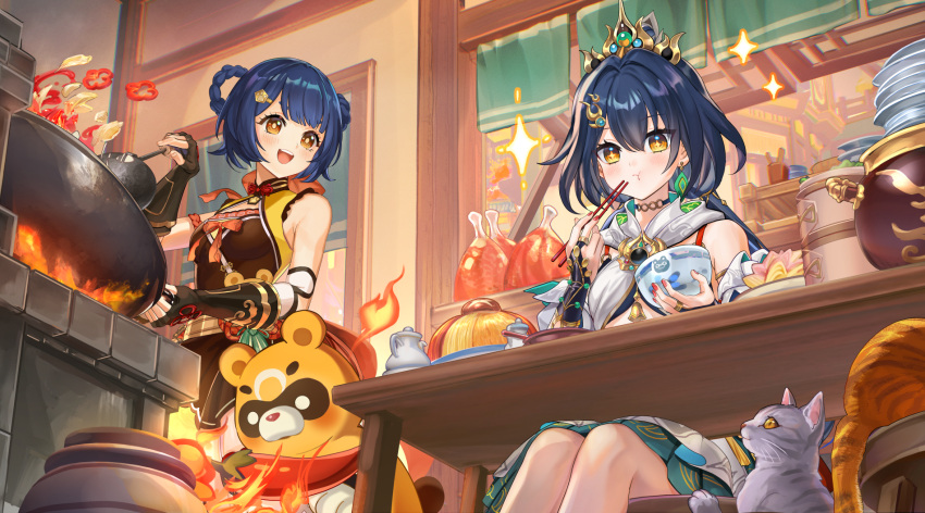 2girls :d :t aratakosu_(tako's) bare_shoulders blue_hair bowl braided_hair_rings brown_eyes chicken_(food) chili_pepper chopsticks company_connection cooking crossover dress eating feet_out_of_frame feline fire food genshin_impact guoba_(genshin_impact) highres holding holding_bowl holding_chopsticks honkai:_star_rail honkai_(series) indoors looking_at_another mihoyo multiple_girls open_mouth restaurant short_hair sitting sleeveless sleeveless_dress smile sparkle star-shaped_pupils star_(symbol) symbol-shaped_pupils table wok xiangling_(genshin_impact) yellow_eyes yunli_(honkai:_star_rail)