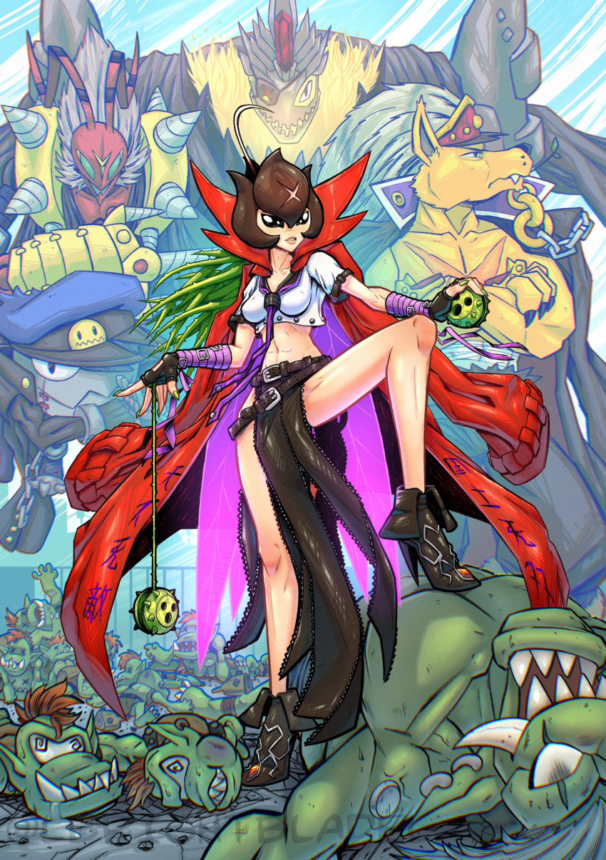 6+boys banchogolemon bancholeomon bancholilimon banchomamemon banchostingmon banchou black_coat black_footwear black_skirt bug coat coat_on_shoulders colored_skin delinquent digimon digimon_(creature) eyepatch female furry furry_male goblin goburimon green_eyes green_skin group_picture high_heels highres lbrightbladel lion long_hair multiple_boys navel ogre orgemon plant_hair red_coat shirt skirt solo_focus white_shirt