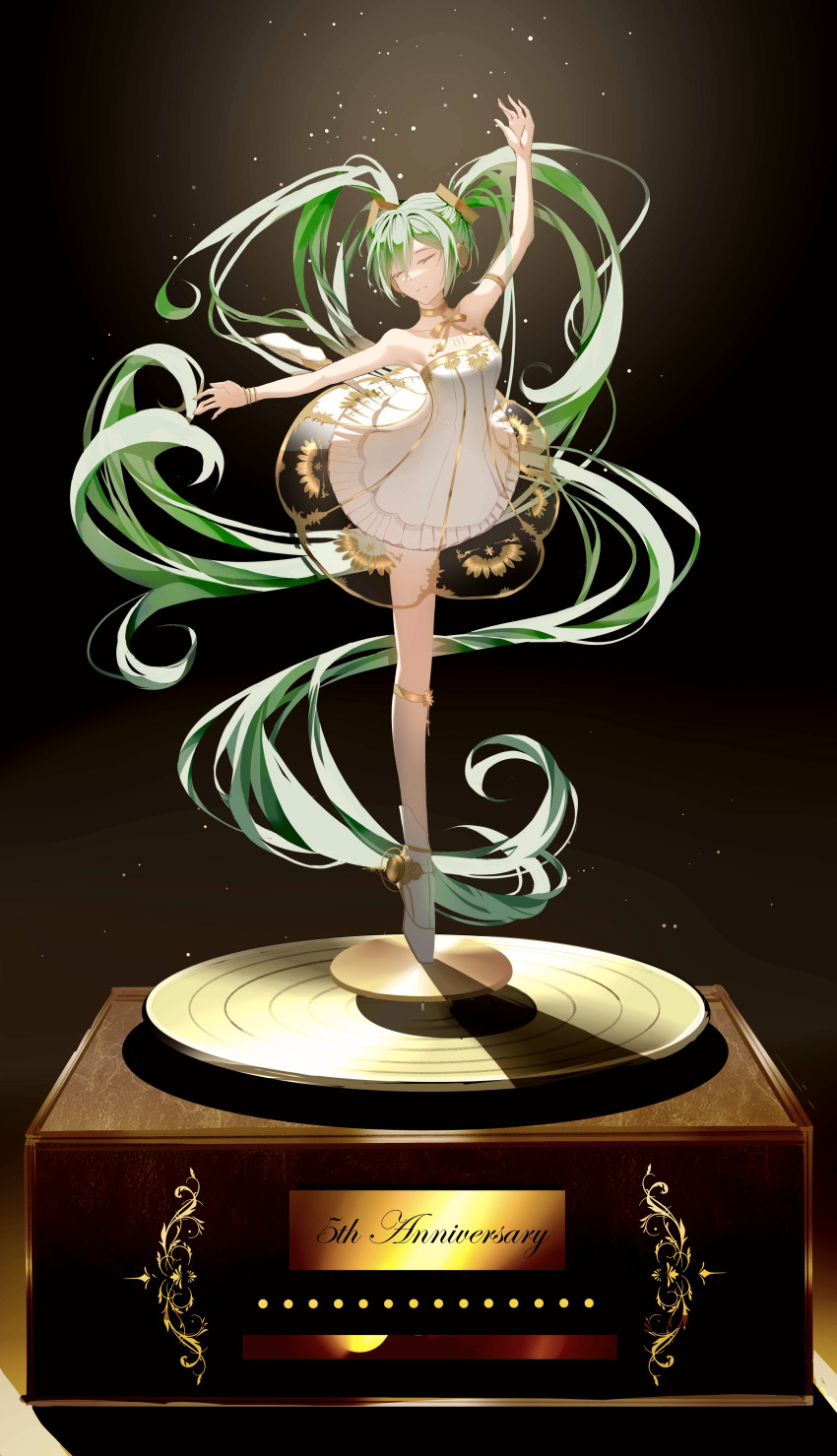 absurdly_long_hair absurdres arm_up ballerina ballet ballet_dress ballet_slippers bare_arms black_background bracelet closed_eyes closed_mouth commentary dress female full_body gold_trim gramophone_miku green_hair hair_ornament hatsune_miku highres jewelry keaph layered_dress light_particles long_hair miku_symphony_(vocaloid) outstretched_arms phonograph see-through_dress_layer solo standing standing_on_one_leg strapless strapless_dress twintails very_long_hair vocaloid white_dress white_footwear