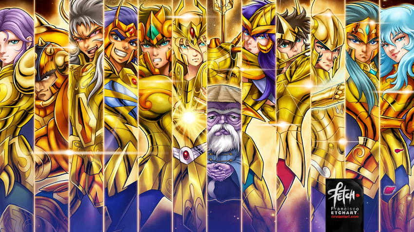 6+boys androgynous aquarius_camus aries_muu armor cancer_death_mask capricorn_shura commentary_request cropped energy franciscoetchart gemini_saga glowing gold_armor gold_saint helmet highres leo_aiolia libra_douko looking_at_viewer male_focus multiple_boys official_style photoshop_(medium) pisces_aphrodite sagittarius_aioros saint_seiya scorpio_milo taurus_aldebaran virgo_shaka watermark