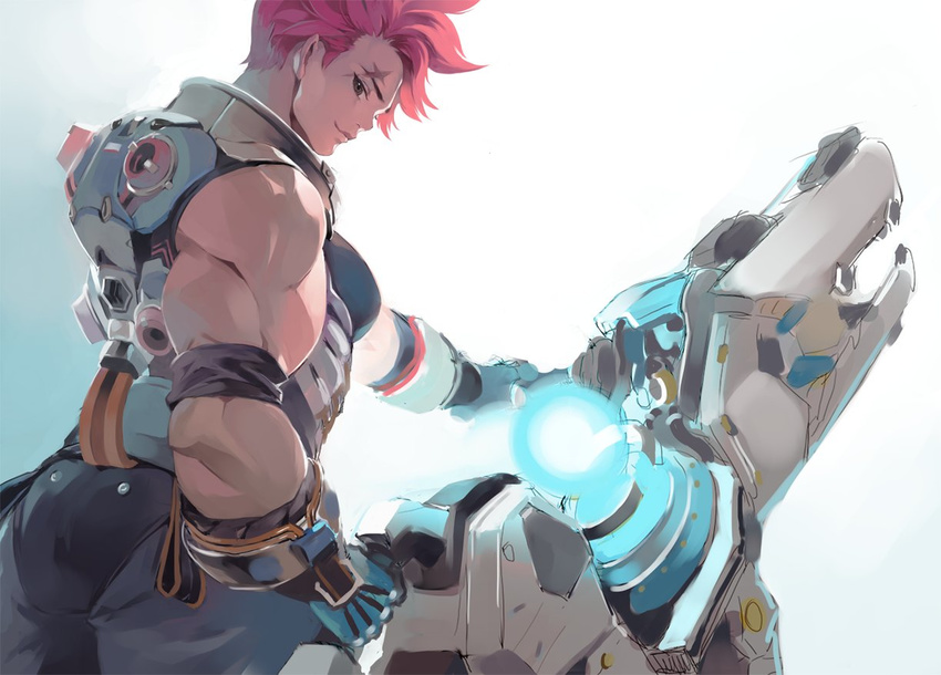 arm_tattoo armband armor ass biceps boots chkuyomi closed_mouth commentary_request energy_gun female flat_ass from_behind gauntlets gloves gravity_gun green_eyes gun holding holding_gun holding_weapon huge_weapon korean_commentary looking_at_viewer looking_back muscular muscular_female nose overwatch overwatch_1 pants pink_hair scar scar_across_eye scar_on_face short_hair simple_background sleeveless smile solo standing tattoo weapon white_background zarya_(overwatch)