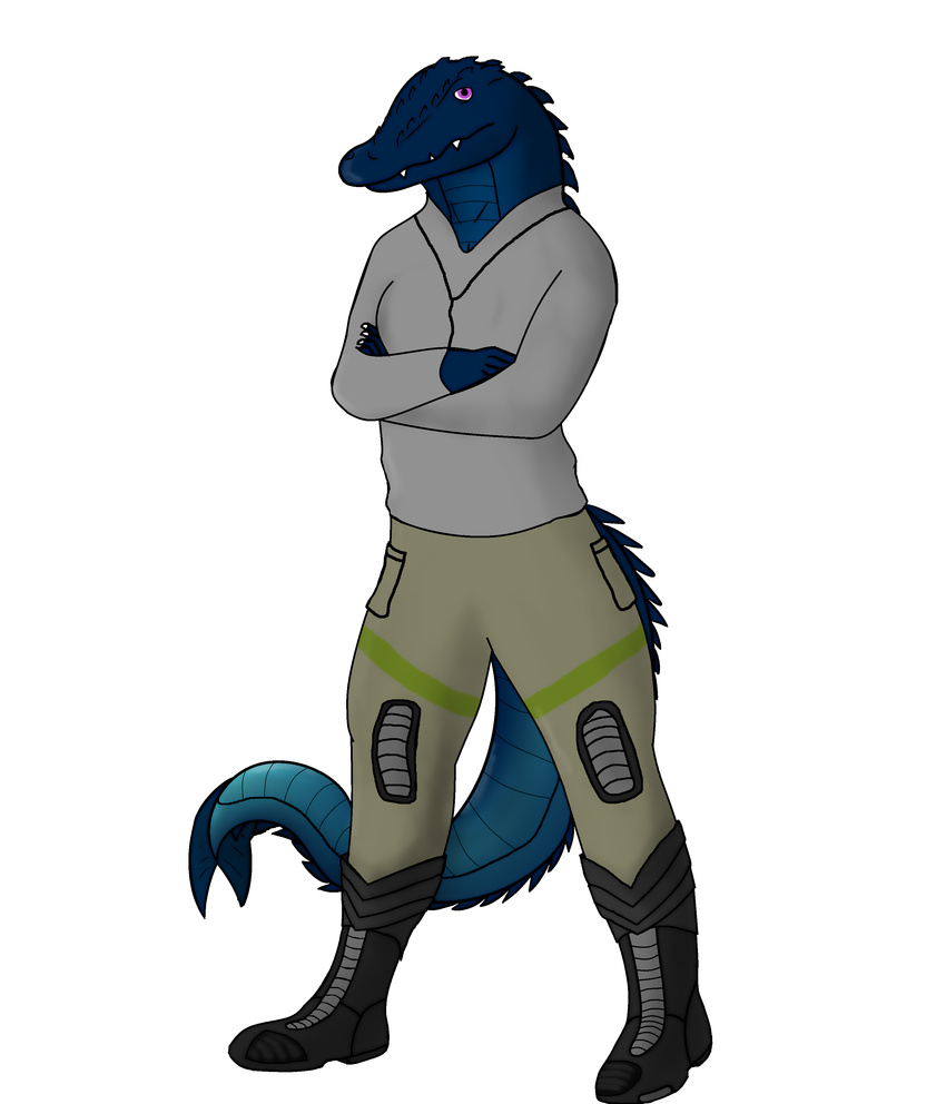 absurd_res anthro biped blue_body boots clothed clothing crocodile crocodilian crocodylid crossed_arms dulma footwear form full-length_portrait hi_res looking_at_viewer male portrait purple_eyes reptile scalie simple_background solo standing thebes white_body