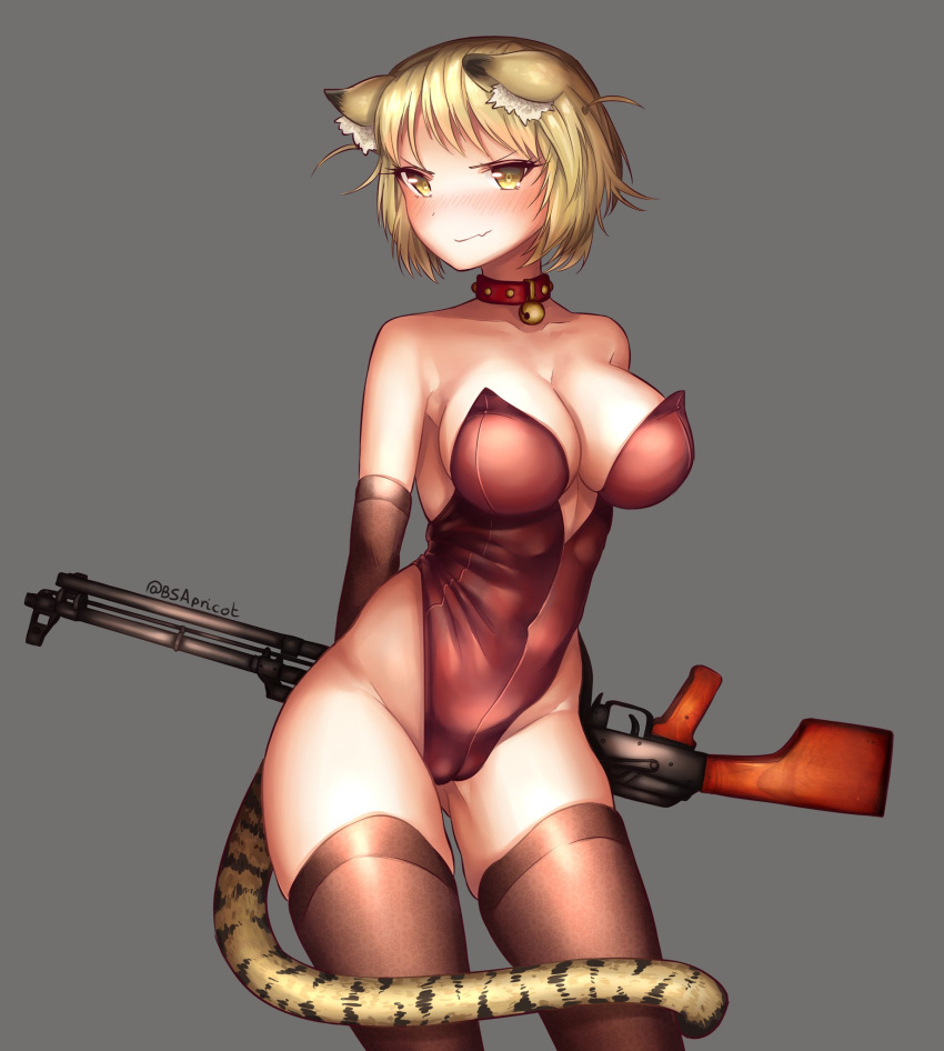 animal_ears bell bell_collar blonde_hair cameltoe cat_ears choker collar danielle_brindle highres image_sample leotard light_machine_gun oerba_yun_fang playboy_bunny_leotard rpk rpk_(upotte!!) tail thighhighs tiger_tail twitter_sample twitter_username upotte!! yellow_eyes