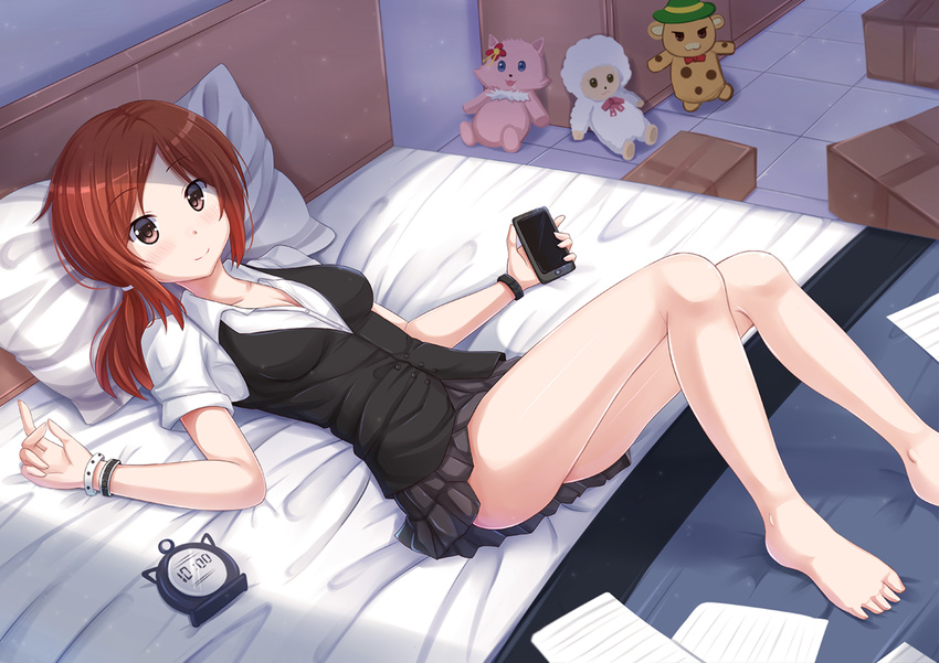 alarm_clock amagi_brilliant_park barefoot bed bed_sheet box breasts brown_eyes brown_hair cardboard_box cellphone cleavage clock commentary commission english_commentary female frilled_skirt frills holding karen_(kazenokaze) kazenokaze long_hair looking_at_viewer lying macaron_(amaburi) medium_breasts moffle on_back on_bed original phone pillow skirt smartphone smile solo stuffed_animal stuffed_cat stuffed_sheep stuffed_toy tiramii wristband