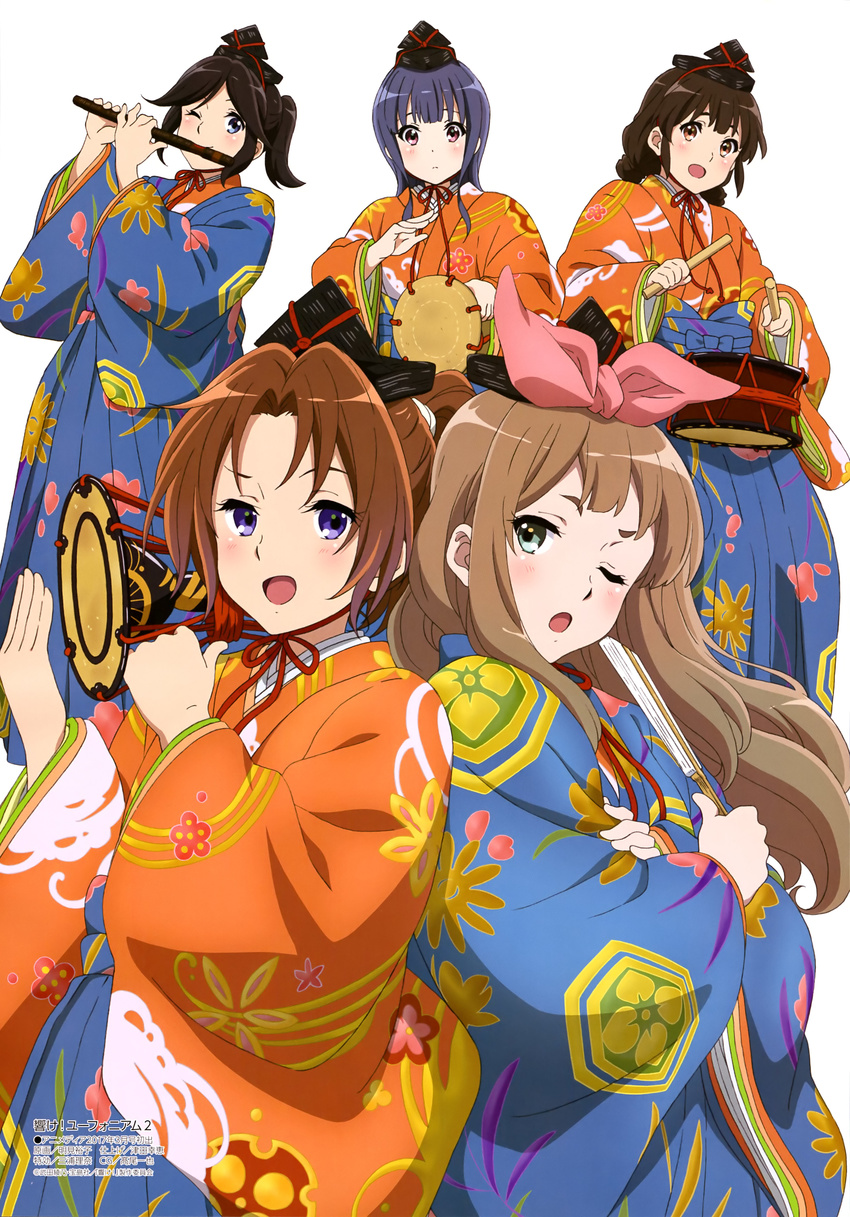 5girls :d ;o absurdres blue_kimono brown_eyes brown_hair closed_mouth flute green_eyes hand_fan hibike!_euphonium highres instrument japanese_clothes kasaki_nozomi kimono long_hair megami_magazine megami_magazine_deluxe multiple_girls music myouken_yuuko nagase_riko nakagawa_natsuki official_art one_eye_closed open_mouth orange_kimono pink_eyes playing_instrument ponytail purple_eyes red_ribbon ribbon smile yoroizuka_mizore yoshikawa_yuuko