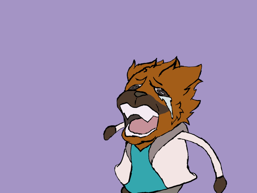 2022 anthro black_nose blue_clothing blue_shirt blue_topwear bodily_fluids brown_body brown_fur canid canine clothed clothing crying digital_drawing_(artwork) digital_media_(artwork) firealpaca_(artwork) flat_colors fur half-length_portrait hi_res hoodie male mammal maned_wolf open_mouth pink_tongue portrait purple_background savy_(artist) shirt simple_background snout solo tears teeth tongue topwear white_clothing white_hoodie white_topwear