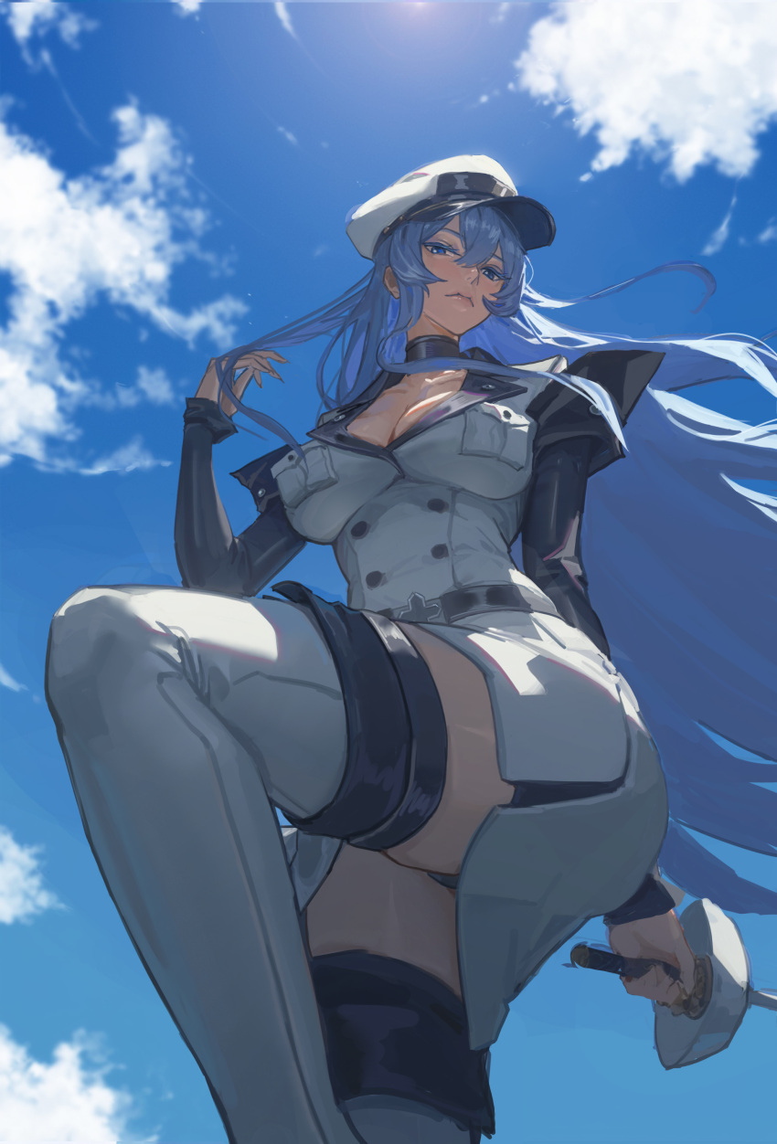 absurdres akame_ga_kill! blue_eyes blue_hair blue_sky boots breasts buttons cleavage cloud day double-breasted esdeath female floating_hair fold-over_boots hair_between_eyes hat highres holding holding_sword holding_weapon jacket knee_up large_breasts long_hair looking_at_viewer military_hat military_jacket military_uniform muzi_zhe_yi panties pantyshot peaked_cap rapier skirt sky solo standing sunlight sword thigh_boots underwear uniform very_long_hair weapon white_jacket white_skirt