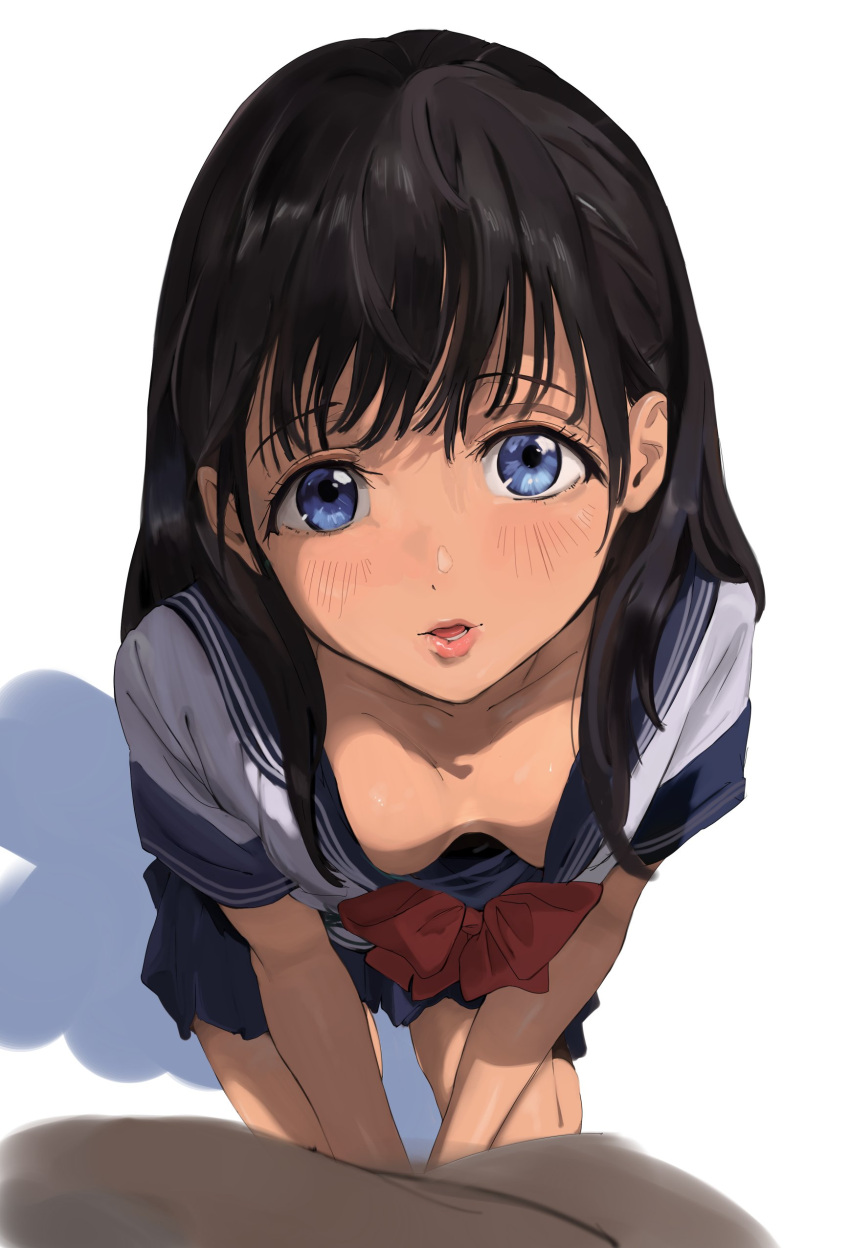 1boy absurdres akebi-chan_no_serafuku akebi_komichi black_hair blue_eyes blue_sailor_collar blue_skirt bow breasts downblouse female highres long_hair mamimi_(mamamimi) parted_lips pov red_bow sailor_collar school_uniform serafuku skirt small_breasts white_background