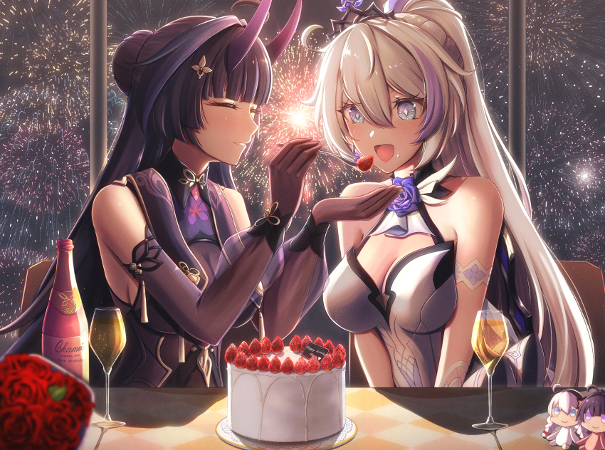 2girls absurdres bare_shoulders birthday birthday_cake black_collar blue_eyes bottle bouquet breasts bright_pupils cake character_doll cleavage closed_eyes collar commentary_request cup dead_angels dress drinking_glass elbow_gloves facing_another feeding fireworks flower food fork fruit gloves hair_between_eyes hair_ornament happy_birthday high_ponytail highres holding holding_fork honkai_(series) honkai_impact_3rd horns kiana_kaslana kiana_kaslana_(herrscher_of_flamescion) kiana_kaslana_(time_runner) kiana_kaslana_(white_comet) large_breasts long_hair looking_at_food multicolored_hair multiple_girls night night_sky official_alternate_costume purple_dress purple_flower purple_gloves purple_hair purple_horns purple_rose raiden_mei raiden_mei_(herrscher_of_thunder) raiden_mei_(rainy_springtide) rose see-through see-through_cleavage sitting sky smile strawberry streaked_hair upper_body very_long_hair white_dress white_hair white_pupils wine_bottle