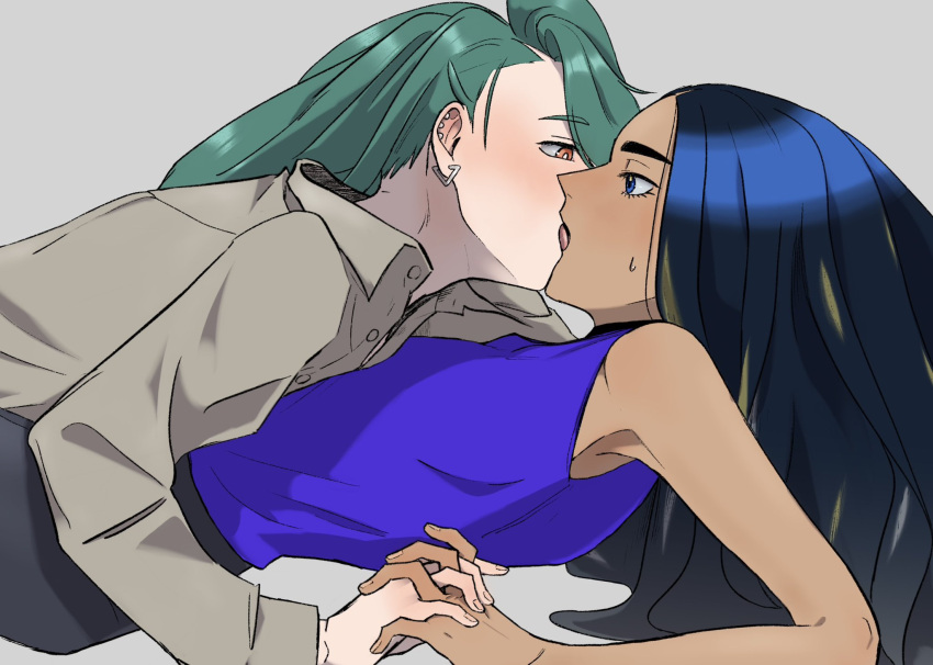 28natsumi 2girls bare_arms black_hair black_skirt blue_eyes collared_shirt commentary_request dark-skinned_female dark_skin ear_piercing eye_contact french_kiss geeta_(pokemon) green_hair grey_background grey_shirt highres holding_hands interlocked_fingers kissing long_hair long_sleeves looking_at_another multiple_girls piercing pokemon pokemon_sv purple_shirt red_eyes rika_(pokemon) shirt simple_background skirt sleeveless sleeveless_shirt sweatdrop tongue yuri