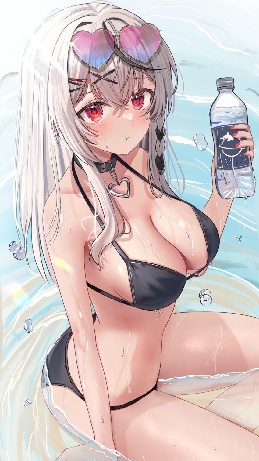 bikini black_bikini black_collar blue-tinted_eyewear blush bottle breasts cleavage collar eyewear_on_head female grey_hair heart heart-shaped_eyewear highres holding holding_bottle hololive large_breasts long_hair looking_at_viewer nibosi partially_submerged pout purple-tinted_eyewear red_eyes sakamata_chloe solo sunglasses swimsuit tinted_eyewear virtual_youtuber wet