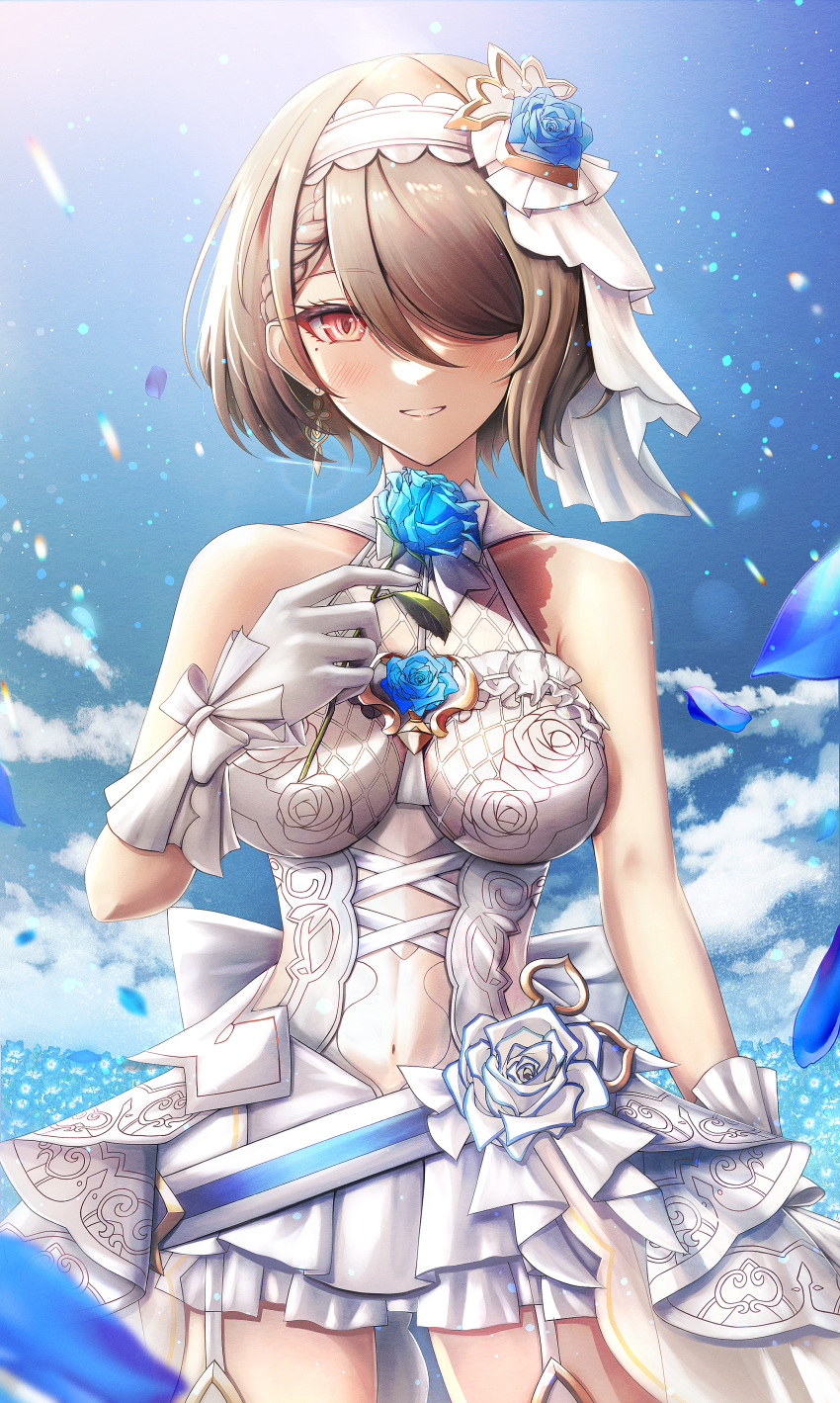 absurdres bare_shoulders blue_flower blue_rose blue_sky blush breasts brown_hair collar covered_navel cowboy_shot dead_angels dress female flower garter_straps gloves hair_flower hair_ornament hair_over_one_eye hairband highres holding holding_flower honkai_(series) honkai_impact_3rd large_breasts looking_at_viewer official_alternate_costume outdoors red_eyes rita_rossweisse rita_rossweisse_(vow_of_roses) rose short_hair sky smile solo standing white_collar white_dress white_garter_straps white_gloves white_hairband white_veil