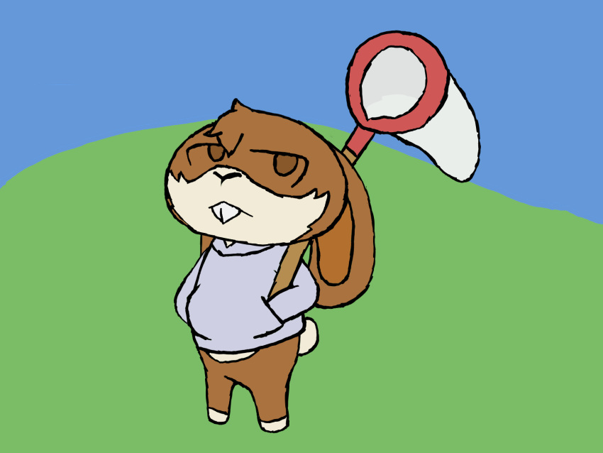 2022 animal_crossing anthro bottomless brown_body brown_eyes brown_fur brown_inner_ear buckteeth butterfly_net clothed clothing digital_drawing_(artwork) digital_media_(artwork) domestic_rabbit english_lop featureless_crotch firealpaca_(artwork) floppy_ears frown full-length_portrait fur grey_clothing grey_hoodie grey_topwear half-closed_eyes hand_in_pocket hands_in_both_pockets head_tuft hi_res holding_net hoodie lagomorph leporid lop_ears lop_rabbit male mammal narrowed_eyes net nintendo oryctolagus pockets portrait rabbit savy_(artist) savy_rabit scut_tail short_tail solo standing style_emulation tail teeth topwear tuft