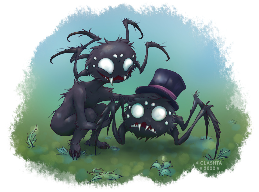 2022 2_toes 3_fingers 4_legs 8_eyes alpha_channel anthro arachnid arm_around_legs arthropod black_body black_clothing black_fur black_top_hat clashta clothing colored don't_starve duo fangs feet feral fingers flower fur grass hat headgear headpat headwear hi_res klei_entertainment kneeling looking_at_another looking_down looking_down_at_another looking_up looking_up_at_another male multi_eye multi_leg multi_limb nude open_mouth outside petting plant shaded sharp_teeth signature simple_background sky smile spider teeth toes top_hat transparent_background webber