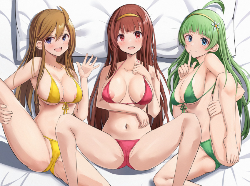 3girls ahoge bikini blue_eyes blunt_bangs blush breasts brown_hair collarbone flower green_bikini green_hair hair_between_eyes hair_flower hair_ornament hairband idolmaster idolmaster_million_live! long_hair looking_at_viewer lying medium_breasts multiple_girls navel on_back on_bed open_mouth outstretched_hand pillow presenting red_bikini red_eyes red_hair shimabara_elena smile spread_legs swimsuit tabii tanaka_kotoha tokoro_megumi yellow_bikini