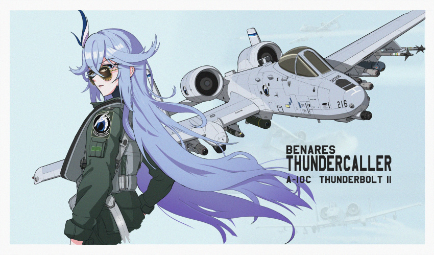 a-10_thunderbolt_ii absurdres aircraft airplane aviator_sunglasses bella_(honkai_impact) benares_(honkai_impact) blue_eyes character_name f16cblock50 female green_jacket hair_between_eyes hair_ornament highres honkai_(series) honkai_impact_3rd jacket long_hair simple_background solo sunglasses tongue tongue_out upper_body