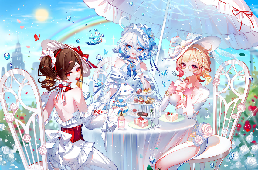 3girls :d absurdres ahoge bare_back bare_shoulders blonde_hair blue_eyes blue_hair bottle bow brown_hair cake cake_slice champagne_flute chiori_(genshin_impact) commentary crescent cup detached_sleeves dress drinking_glass drop-shaped_pupils emilie_(genshin_impact) emilie_(guerlain)_(genshin_impact) flower food food_in_mouth fork fruit furina_(genshin_impact) genshin_impact glasses gloves hair_between_eyes hand_up hat heterochromia highres holding holding_fork light_blue_hair long_sleeves looking_at_viewer multicolored_hair multiple_girls off-shoulder_dress off_shoulder outdoors perfume_bottle pink_flower plate rainbow red_eyes revision sheya side_ponytail smile strawberry streaked_hair sun symbol-only_commentary symbol-shaped_pupils table teeth tiered_tray upper_teeth_only water_drop white_bow white_dress white_flower white_gloves white_hat wine_glass