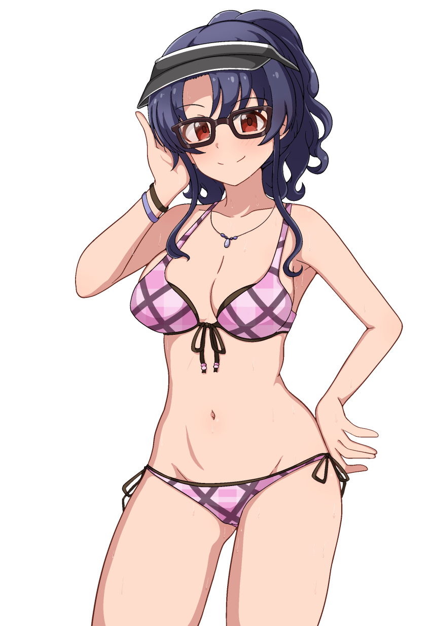 absurdres adjusting_eyewear bikini black-framed_eyewear black_hair breasts cleft_of_venus closed_mouth cowboy_shot female glasses highres idolmaster idolmaster_million_live! idolmaster_million_live!_theater_days jewelry long_hair looking_at_viewer medium_breasts milliani navel necklace official_alternate_hairstyle pink_bikini plaid_bikini plaid_clothes ponytail red_eyes simple_background smile solo swimsuit takayama_sayoko visor_cap white_background