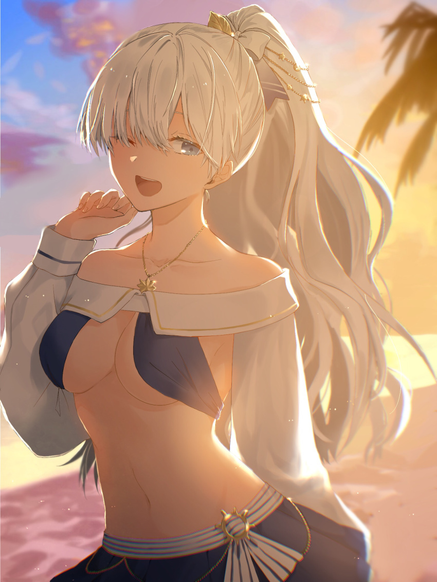 anastasia_(fate) anastasia_(swimsuit_archer)_(fate) anastasia_(swimsuit_archer)_(third_ascension)_(fate) bikini bikini_skirt blue_eyes breasts fate/grand_order fate_(series) female grey_hair highres jewelry long_hair medium_breasts mimoza_(mmmimoza_5) navel ocean one_eye_closed pendant ponytail swimsuit