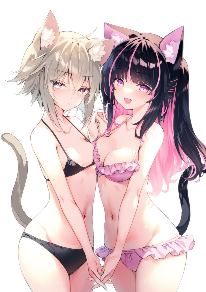 2girls :< :d absurdres animal_ear_fluff animal_ears asymmetrical_docking bikini black_bikini black_hair breast_press breasts cat_ears cat_girl cat_tail frilled_bikini frills groin highres hirano_katsuyuki holding_hands light_brown_hair long_hair looking_at_viewer medium_breasts multicolored_hair multiple_girls navel open_mouth original pink_bikini pink_eyes pink_hair short_hair simple_background small_breasts smile stomach swimsuit tail two-tone_hair white_background wolf