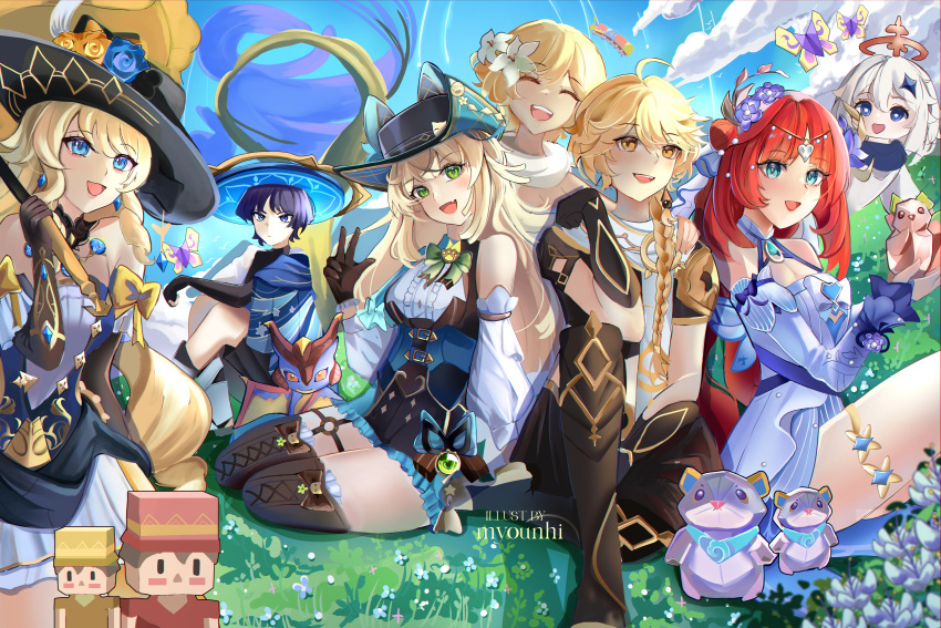 2boys 5girls :d absurdres aether_(genshin_impact) ahoge animal aqua_eyes bare_shoulders black_dress black_gloves black_hat black_pants black_shirt black_thighhighs blonde_hair blue_dress blue_eyes blue_flower blue_sleeves bow bowtie braid breasts bug butterfly circlet cleavage closed_eyes commentary detached_sleeves dress drill_hair earrings english_commentary floating flower genshin_impact gloves grass green_bow green_bowtie green_eyes hair_bun hair_flower hair_ornament halo hand_up hat hat_feather hat_flower highres holding holding_animal holding_umbrella japanese_clothes jewelry kirara_(genshin_impact) kirara_(phantom_in_boots)_(genshin_impact) long_hair looking_at_viewer lumine_(genshin_impact) multiple_boys multiple_girls myounhi1 navia_(genshin_impact) nilou_(breeze_of_sabaa)_(genshin_impact) nilou_(genshin_impact) official_alternate_costume on_grass paimon_(genshin_impact) pants parted_bangs purple_flower red_hair scaramouche_(genshin_impact) shirt single_earring sitting sleeveless sleeveless_dress smile squirrel strapless strapless_dress teeth thighhighs umbrella upper_teeth_only very_long_hair vision_(genshin_impact) w wanderer_(genshin_impact) white_flower white_hair white_romper yellow_eyes yellow_flower yellow_umbrella