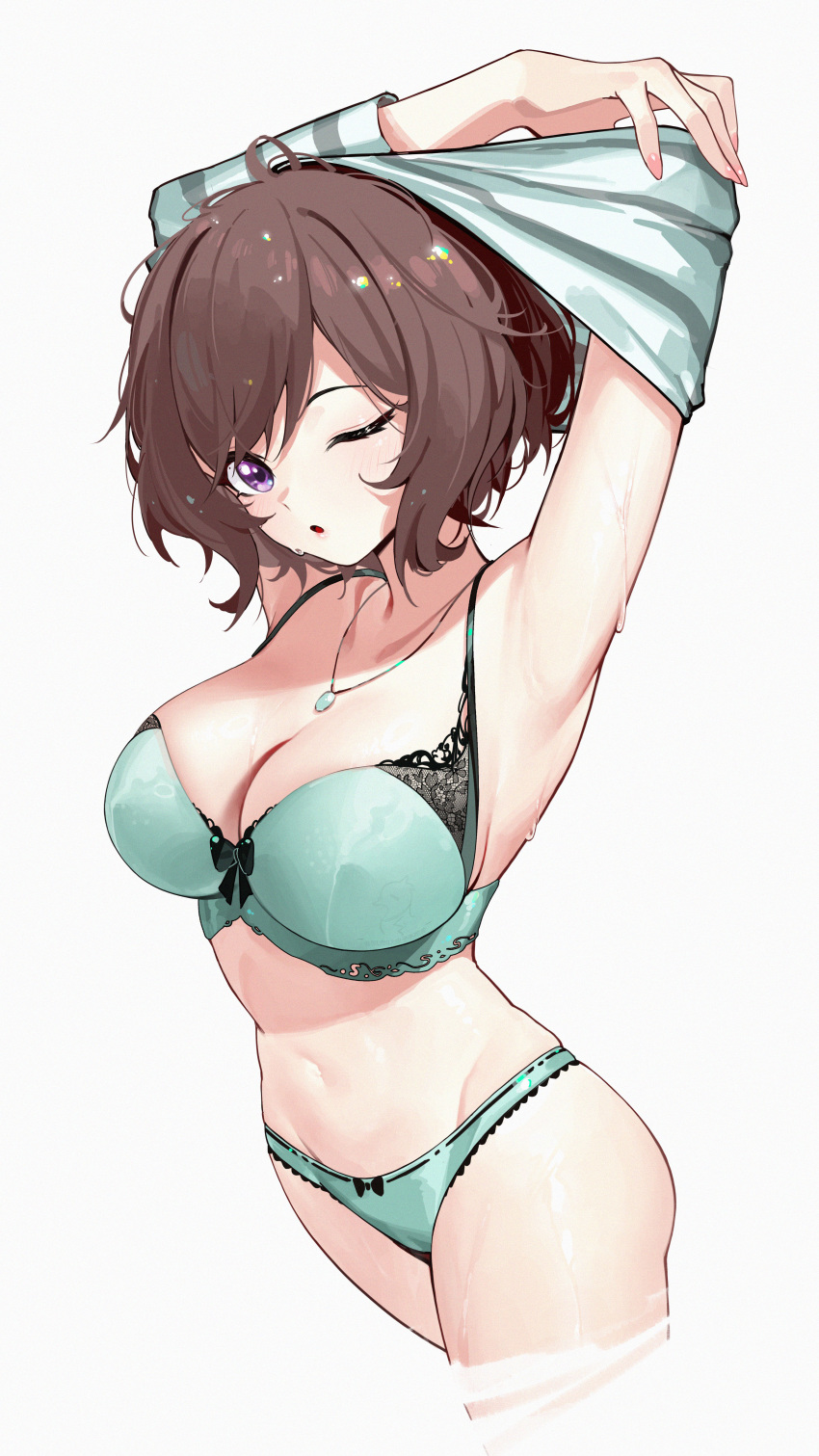 ;o absurdres armpits arms_up bob_cut bow bow_panties bra breasts brown_hair cleavage cropped_legs cz_(mikumikumi) female gakuen_idolmaster green_bra green_panties groin highres idolmaster large_breasts looking_at_viewer navel neo_asari one_eye_closed panties purple_eyes short_hair simple_background solo stomach underwear undressing white_background