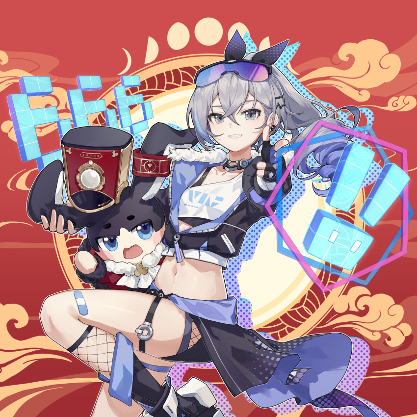 absurdres bandaid bandaid_on_leg black_footwear black_jacket black_shorts blue_eyes boots choker crop_top female finger_gun grey_eyes grey_hair grin hair_ribbon hat highres honkai:_star_rail honkai_(series) jacket long_hair looking_at_viewer midriff navel open_mouth pom-pom_(honkai:_star_rail) ponytail purple_ribbon qqqne red_background red_hat ribbon shirt short_shorts shorts silver_wolf_(honkai:_star_rail) smile stomach thigh_strap thighs white_shirt