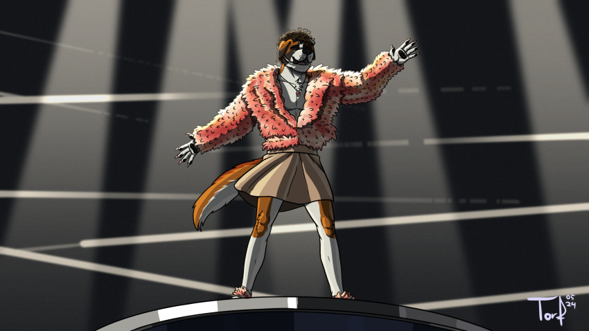 2024 anthro bottomwear canid canine canis claws closed_eyes clothing curled_hair domestic_dog eurovision_song_contest fangs feathers footwear fur hair hi_res jacket jewelry mammal molosser mountain_dog necklace nemo_(eurovision) nonbinary_(lore) open_mouth saint_bernard shoes signature skirt solo standing teeth tongue topwear torrosketch