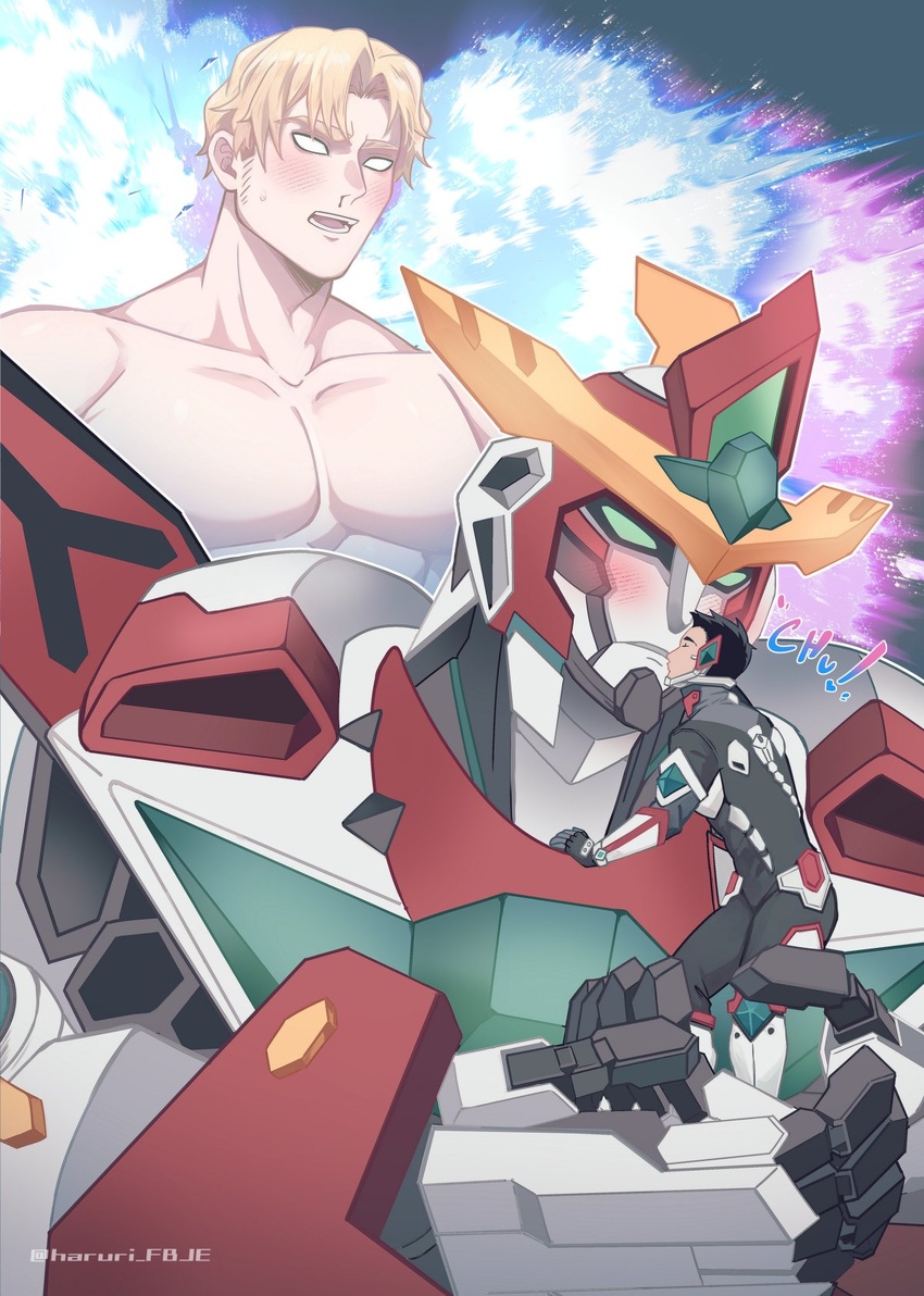 3boys ao_isami bara black_hair blank_eyes blonde_hair blood bravern carrying carrying_person collarbone couple cropped_torso explosion facial_hair haruri_fbje heart highres kissing large_pectorals lewis_smith male_focus mecha multiple_boys muscular muscular_male nosebleed nude pectorals pilot_suit projected_inset robot short_hair sideburns_stubble spoilers stubble twitter_username yaoi yuuki_bakuhatsu_bang_bravern