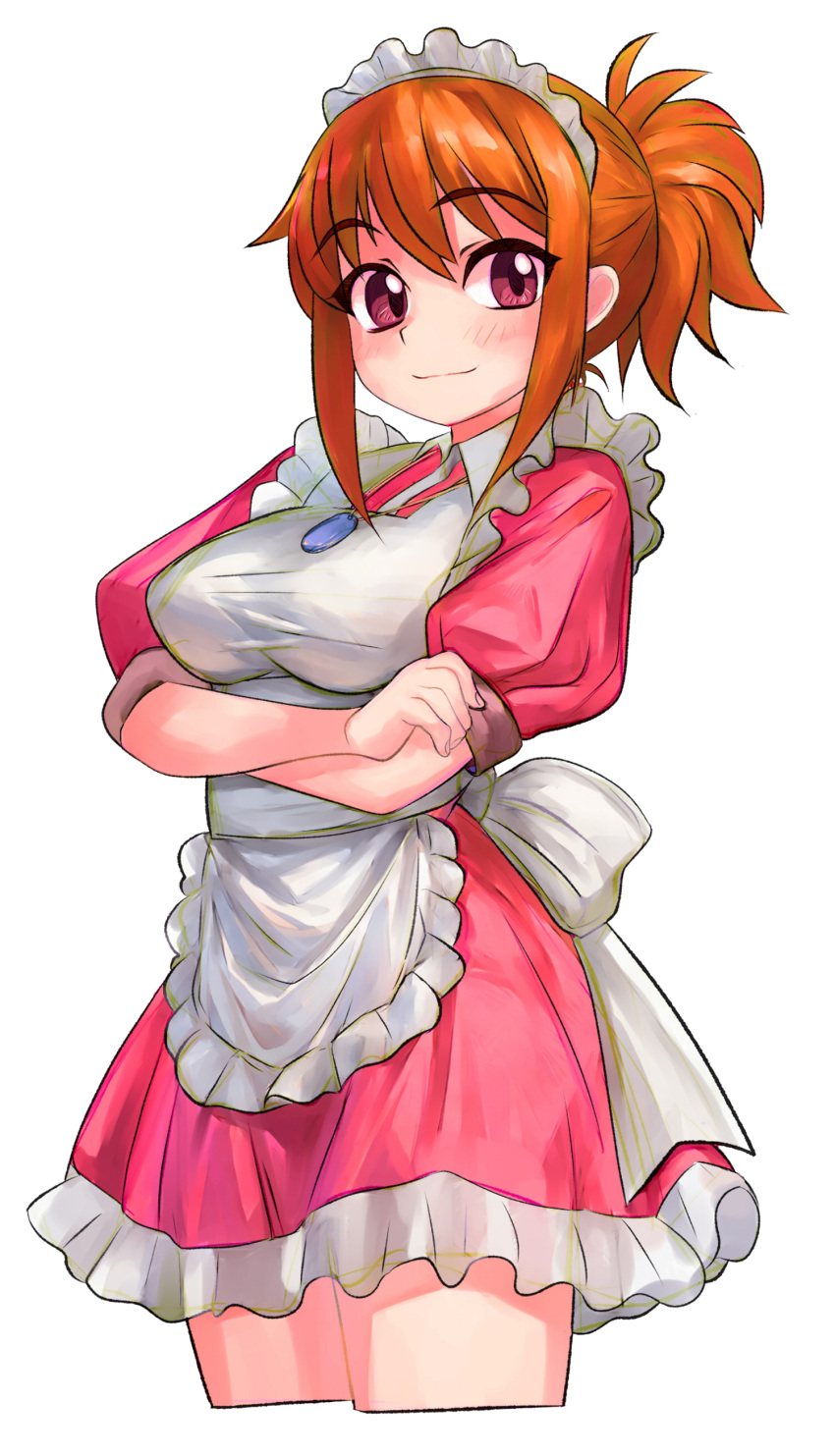 absurdres apron blush borrowed_character breasts collared_dress cropped_legs crossed_arms dress female highres jewelry looking_at_viewer maid_headdress necklace orange_hair original pink_dress ponytail puffy_short_sleeves puffy_sleeves purple_eyes sash short_sleeves simple_background smile solo tsukiyono_aroe white_background wing_collar